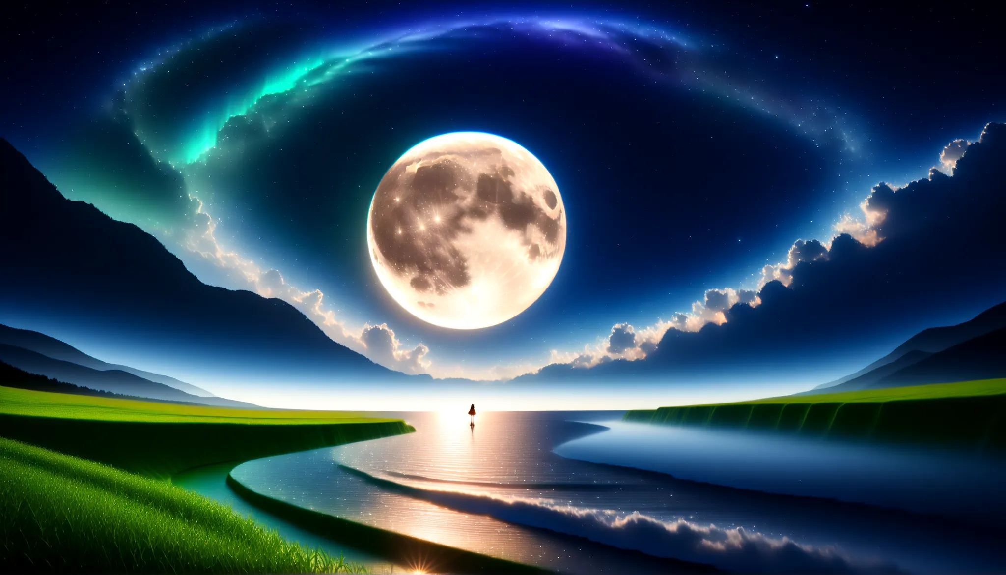 ( 画面いっぱいな巨大で鮮やかなgreenい月:1.5 ),(one girl:1.5),( Huge Moon:1.5),sky full of stars,(Clear and beautiful pattern on the surface of the moon:1.5),Detailed Scenery ,Night Sky,(Milky Way Galaxy:1.5),(Milky Way Galaxy:1.5),(Alps:1.5),湖に移る Huge Moonと星々,Ultramarine,...