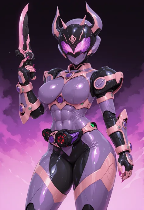 Mechanical girl. Kamen Rider elements. Succubus motif. Biological machine. Black and purple image colors. Latex and metallic. Sci-fi helmet. Glowing visor helmet. Devil horns. Pert breasts. Abs. Curvy waist. Thighs. Sharp pink claws. Bladed gauntlet. Chain...