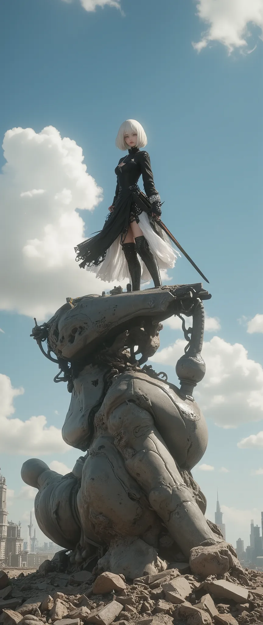 Fantasy art, Japanese anime, YoRHa 2B, YoRHa 2B standing on a destroyed and abandoned mechanical soldier
