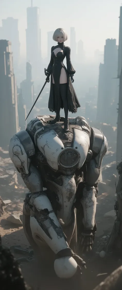 Fantasy art, Japanese anime, YoRHa 2B, YoRHa 2B standing on a destroyed and abandoned mechanical soldier