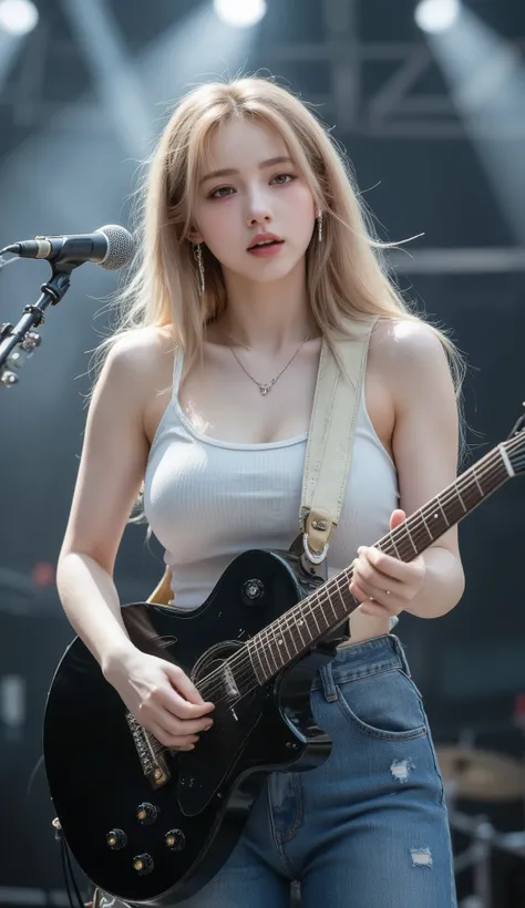 A young East beautiful woman with long blonde hair passionately singing on stage. She is standing confidently, playing an acoustic guitar while belting out a powerful note, her mouth open wide and her face turned slightly upward, creating distance between ...