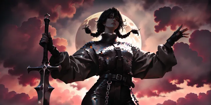 artist: wlop, masterpiece, best quality, illustration, a vampire woman, beautiful woman, European facial features, Caucasian, small breasts, shoulder length black hair, small braids, red irises, detailed face, loose fitting leather pants, female wearing ve...
