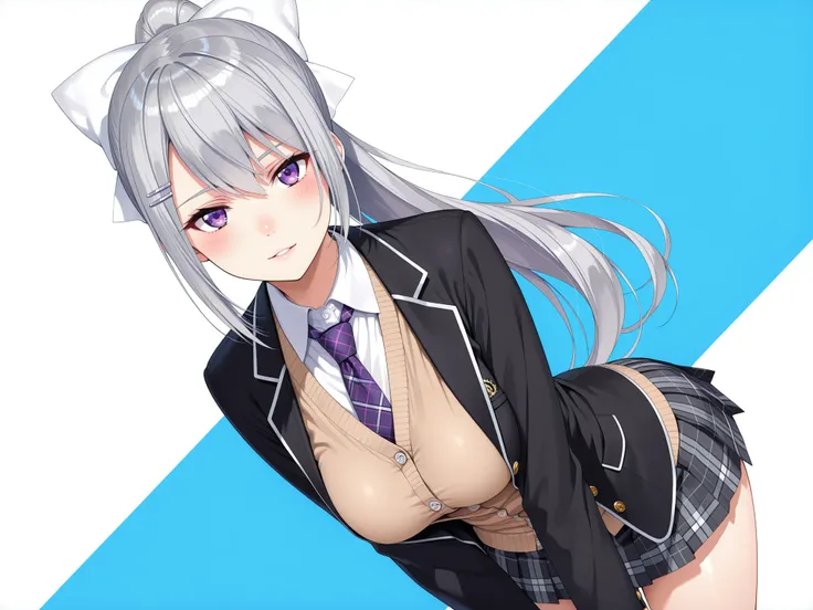 masterpiece、best quality, amazing quality, highres, absurdres, very aesthetic, high resolution, ultra detailed, perfect details,nijikaede,large breasts,purple eye,grey hair,long eyelashes,long hair,ponytail,white bow,hair pin,nijikaedecos,white shirt,purpl...