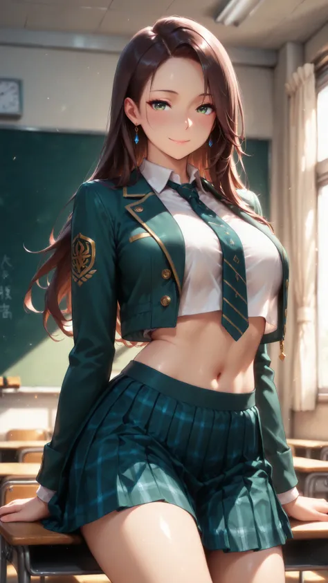 masterpiece, best quality, vibrant, very aesthetic, high contrast, semirealistic, newest,  cinematic-lightning, slender, breasts, 1girl, cowboy shot, detailed green eyes, smile, semi-long hair, silky dark brown hair, forehead, sliced back hair, navel, Capt...