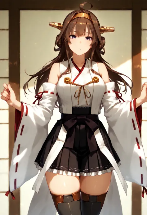 kongouKC,brown hair,long hair, thighhighs, ahoge, pleated skirt, hairband, detached sleeves,japanese clothes, black skirt, hair bun,double bun, headgear, thigh boots, ribbon trim, hakama, nontraditional miko, ribbon-trimmed sleeves

