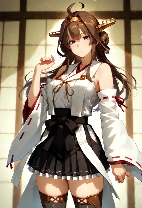 kongouKC,brown hair,long hair, thighhighs, ahoge, pleated skirt, hairband, detached sleeves,japanese clothes, black skirt, hair bun,double bun, headgear, thigh boots, ribbon trim, hakama, nontraditional miko, ribbon-trimmed sleeves

