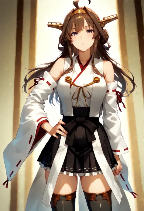 kongouKC,brown hair,long hair, thighhighs, ahoge, pleated skirt, hairband, detached sleeves,japanese clothes, black skirt, hair bun,double bun, headgear, thigh boots, ribbon trim, hakama, nontraditional miko, ribbon-trimmed sleeves


