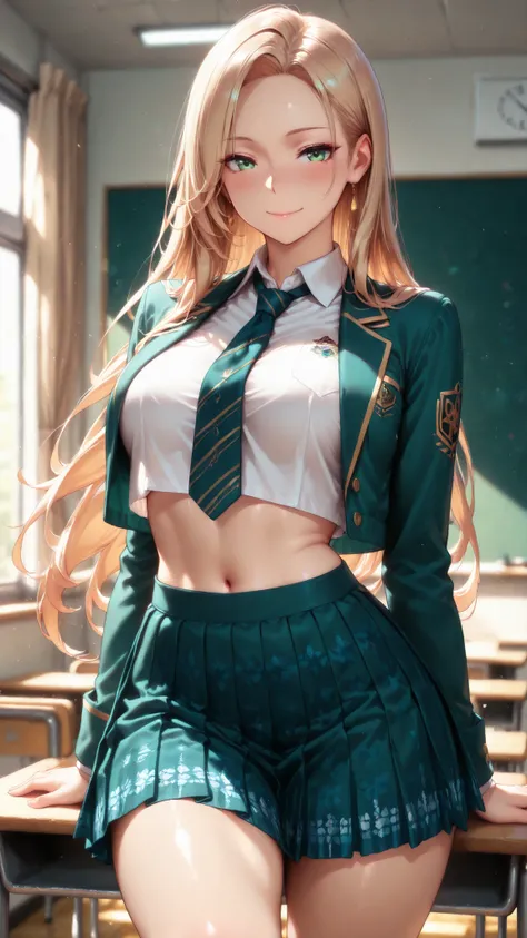 masterpiece, best quality, vibrant, very aesthetic, high contrast, semirealistic, newest, cinematic-lightning, slender, breasts, 1girl, cowboy shot, detailed green eyes, smile, semi-long hair, silky blonde hair, forehead, sliced back hair, navel, Captivat...