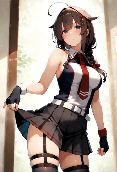 shigurekaisanKC,shigure_kai_san_(kancolle), long hair, brown hair, hair ornament, ahoge, pleated skirt, black gloves, black thighhighs, fingerless gloves, black skirt, sleeveless shirt, single braid, red necktie,two-tone shirt,hair over shoulder, hair flap...