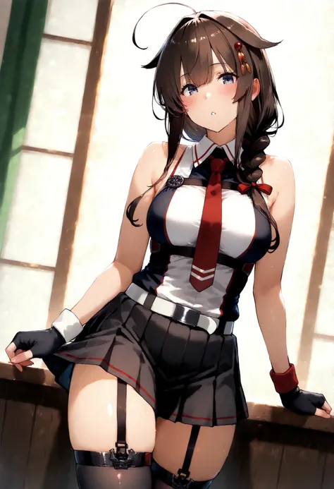 shigurekaisanKC,shigure_kai_san_(kancolle), long hair, brown hair, hair ornament, ahoge, pleated skirt, black gloves, black thighhighs, fingerless gloves, black skirt, sleeveless shirt, single braid, red necktie,two-tone shirt,hair over shoulder, hair flap...