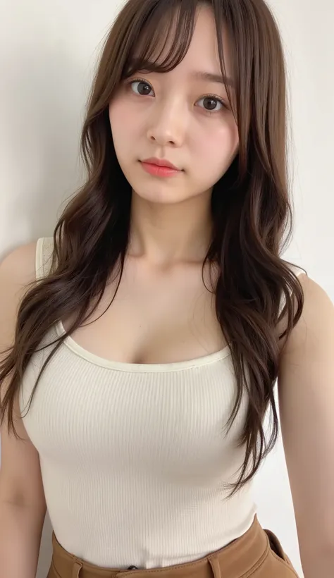 1 girl, 20 years old, young girl, Japanese girl, dark brown long hair, (wearing a neat tank top with thin straps, plated miniskirt), Open button, button, Photo selfie, close-up, Natural Breasts, skinny, Chest.