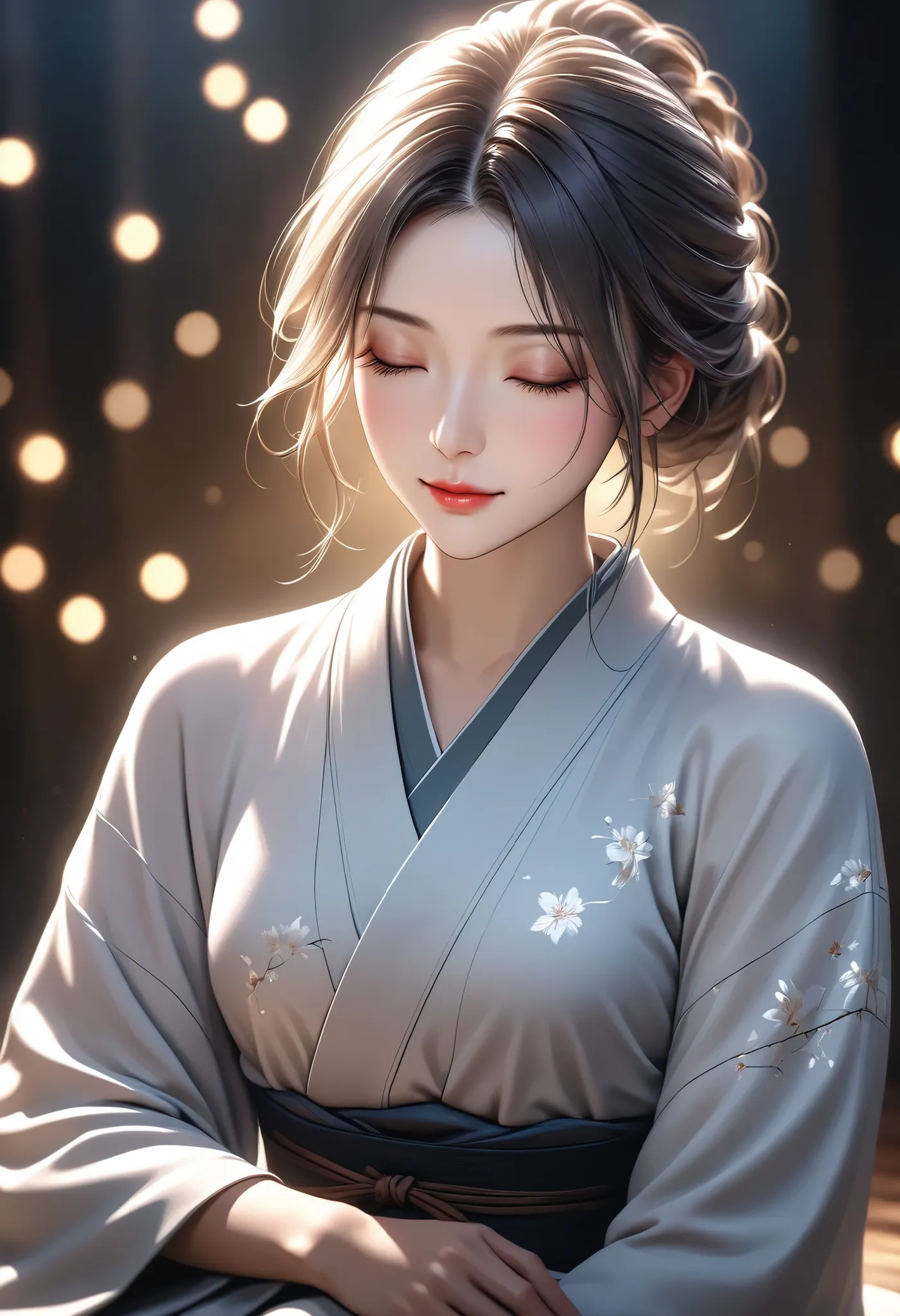 Zen,meditative,Pleasant Dreams,Simple and Elegant,Minimalistic,Superb Healing Effects,realistic,very detailed,4K resolution,HDR,Studio Light,bokeh,Calm Colors,realistic texture,natural light,delicate texture,graceful posture,Inner Peace,relaxed expression