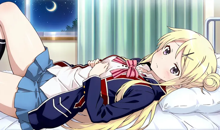 1girl,unwellness(autonomic nervous system disorder and depression) thick thighs Kujou Karen very long hair,blonde hair,single hair bun,hairclip,x hair ornament,sidelocks,side swept bangs,black eyes,white shirt,collared shirt,union jacket,pink bowtie,neck r...