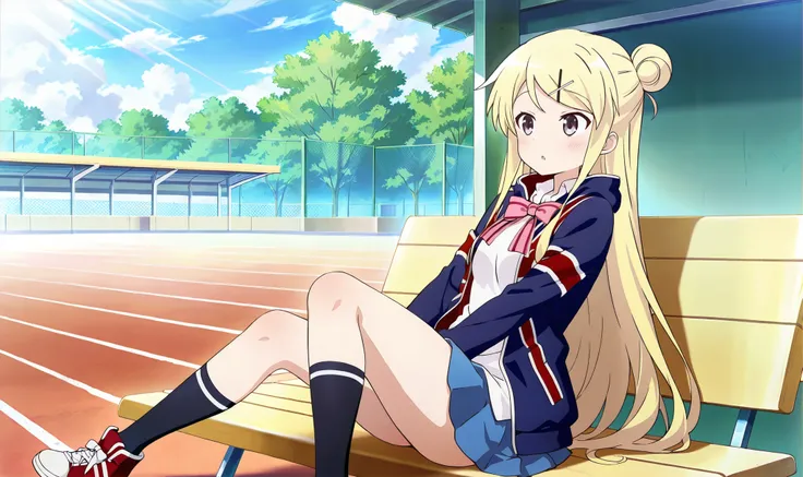 1girl,unwellness(autonomic nervous system disorder and depression) thick thighs Kujou Karen very long hair,blonde hair,single hair bun,hairclip,x hair ornament,sidelocks,side swept bangs,black eyes,white shirt,collared shirt,union jacket,pink bowtie,neck r...