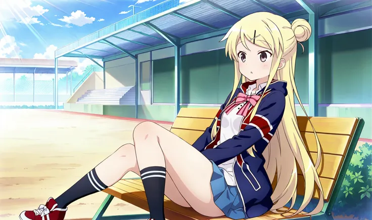 1girl,unwellness(autonomic nervous system disorder and depression) thick thighs Kujou Karen very long hair,blonde hair,single hair bun,hairclip,x hair ornament,sidelocks,side swept bangs,black eyes,white shirt,collared shirt,union jacket,pink bowtie,neck r...