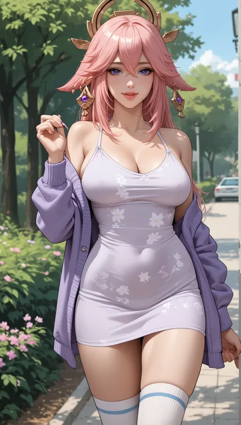 1girl, happy expression, adult, mature, perfect breast, medium breast, full round, curvy, thick thighs, full lips, lavender floral midi sundress, purple cardigan, azure, blue eyes, looking at viewer, standing in park, (Slim Body), Yae Miko, knee socks