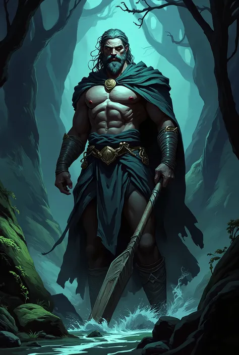 hades god of rowing sport, greek ancient style, stynx, hades, ancient river, dark auro, green color, hades god of underworld inside