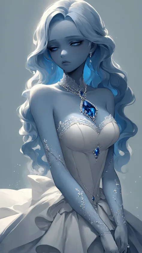 An elegant woman with light blue skin and long hair, wavy and snow-white. She wears a fitted gala dress in shades of blue, adorned with a large blue diamond in the center of her bust and pearl details along the skirt. Her long, dark gloves contrast with fa...