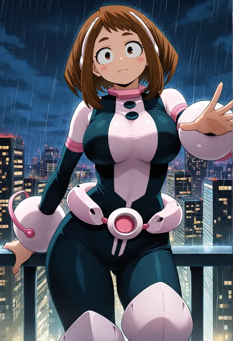 official style, anime screencap, uraraka ochako, 1girl, brown hair, brown eyes, solo, superhero, hero bodysuit, pink wrist guards, closed mouth, contrapposto, extra large breasts, (F65), looking at viewer, Sexy style, Standing on the roof of a skyscraper, ...