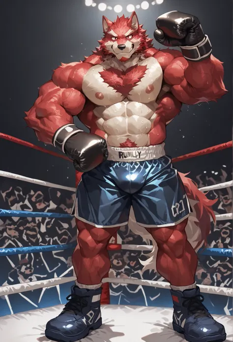 4K, masterpiece quality, pov_boxing, Looking down on the losers, black boxing shoes, dark navy boxing gloves, navy black boxing shorts with gold side lines, bulge, full body, depth of field, boxing, proudly pose, hands on hips and one arm raised pose, boxi...