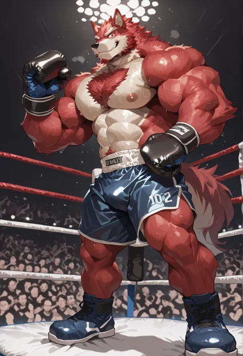 4K, masterpiece quality, pov_boxing, Looking down on the losers, black boxing shoes, dark navy boxing gloves, navy black boxing shorts with gold side lines, bulge, full body, depth of field, boxing, proudly pose, hands on hips and one arm raised pose, boxi...