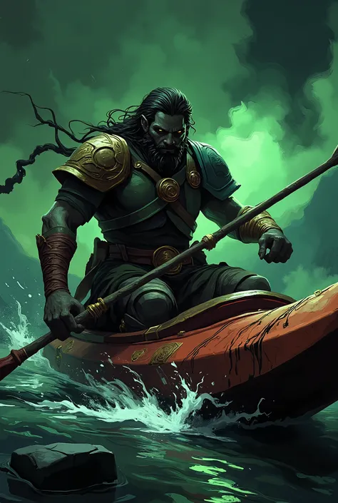 hades god of rowing sport in kayak, greek ancient style, stynx, hades, to paddle a kayak backwards, ancient river, dark auro, green color, hades god of underworld inside
