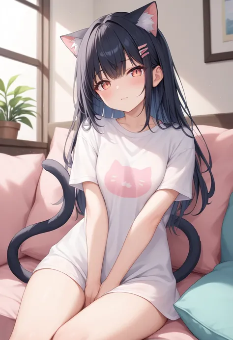 girl,cat ear,cat tail,oversize T-shirt,sitting,blush