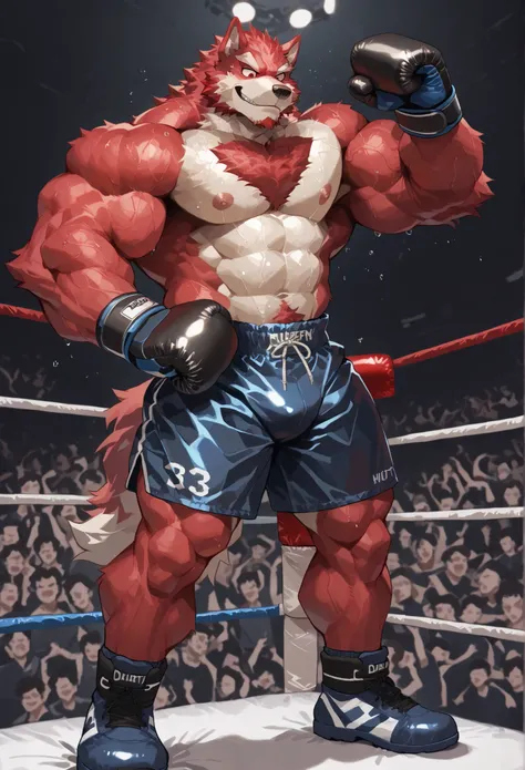 4K, masterpiece quality, pov_boxing, Looking down on the losers, black boxing shoes, dark navy boxing gloves, navy black boxing shorts with gold side lines, bulge, full body, depth of field, boxing, proudly pose, hands on hips and one arm raised pose, boxi...