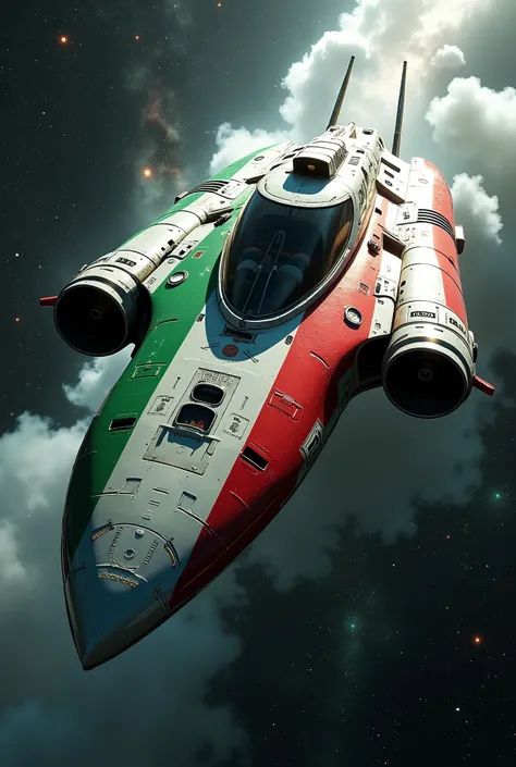 A stylish Italian space cruiser gliding through the stars, with a sleek hull painted in three vertical segments: green at the front, white in the middle, and red at the rear—representing the Italian flag. The ship features elegant curves and streamlined en...