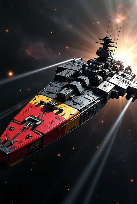 A powerful German warship flying through deep space, colored in horizontal layers: black top deck, red mid-body, and golden-yellow lower panels—echoing the German flag. The ship has a robust, angular structure, exuding engineering precision as it passes by...