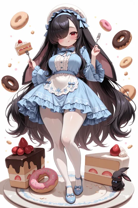 masterpiece, best quality, amazing quality, very aesthetic, full body, 1girl, Kuroki Monika, lop-eared rabbit girl, black rabbit ears, long drooping rabbit ears, black rabbit tail, red eyes, hair over right eye, black hair, very long hair, wavy hair, large breasts, (petite but curvy, very cute), ta fashion, sweet ta, white hat, ta hairband, striped bow, blue bow, blue ribbon, ribbon, frills, blue bowtie, long sleeves, wide sleeves, frilled sleeves, frilled dress, blue dress, white pantyhose, blue shoes, solo, blush, closed mouth, :q, tongue, tongue out, looking at viewer, fork, hand up, holding fork, plate, 1other, black fox with red eyes, food, cake, cake slice, crumbs, donut, depth of field, white background