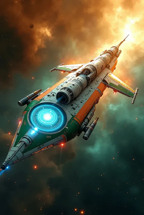 An Indian space vessel radiating saffron, white, and green across its streamlined hull, with a spinning blue Ashoka Chakra energy ring at its center. The ship emits harmonic energy pulses as it drifts across a colorful nebula filled with warm gold and deep...