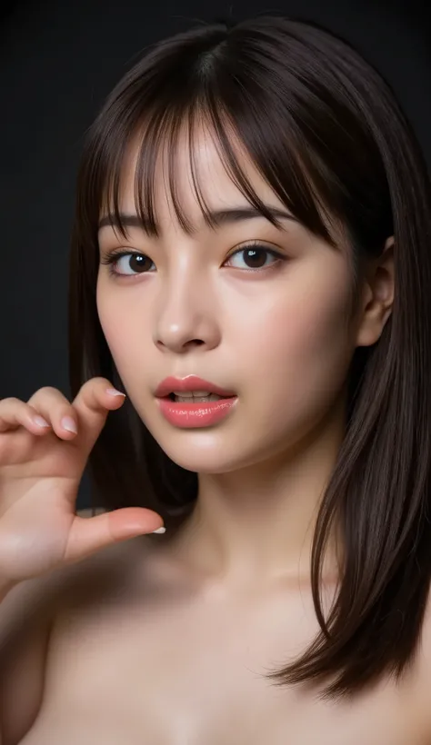 one beautiful woman、 masterpiece, accurate, nsfw, Super Detail, advanced details, high quality, Award-winning, best quality, 16k, perfect anatomy, (( front view, upper body)), Ultra High Resolution Hair , brown hair, long hair, realistic textured skin, sli...