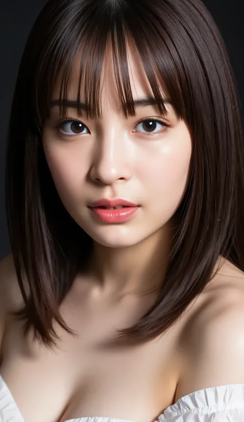 one beautiful woman、 masterpiece, accurate, nsfw, Super Detail, advanced details, high quality, Award-winning, best quality, 16k, perfect anatomy, (( front view, upper body)), Ultra High Resolution Hair , brown hair, long hair, realistic textured skin, sli...