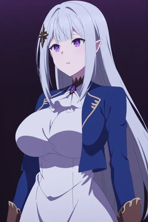 score_7_up, anime screencap, Satella, 1girl, Anime, 1girl, pointy ears, hair ornament, silver hair, purple eyes, Big breasts, red ribbon, jewelry, white ascot, brooch, blue jacket, long sleeves, brown gloves, white dress, long dress,