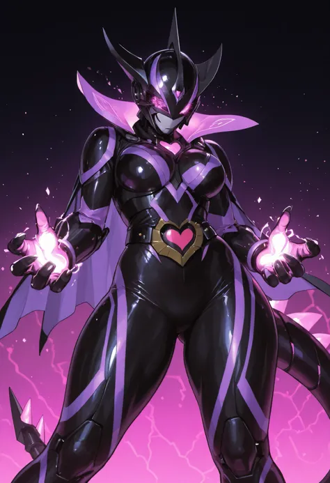 Dark UltraWoman. (high quality)(luster)((Black Face and red eyeline))(Black and purple thema color. black helmet. A full-face helmet. Pink lines. Purple glowing mechanical eyes. The whole body is covered with a black bodysuit. Thick legs. Spike decoration....