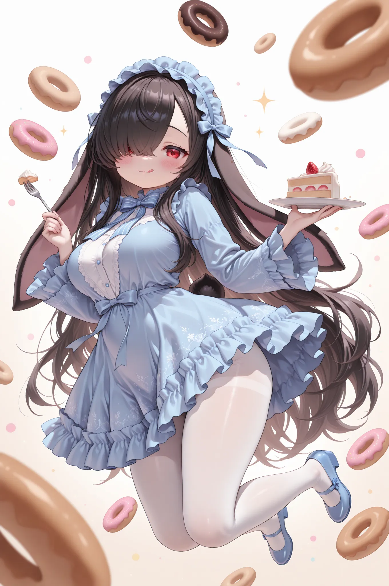 masterpiece, best quality, amazing quality, very aesthetic, full body, 1girl, Kuroki Monika, lop-eared rabbit girl, black rabbit ears, long drooping rabbit ears, black rabbit tail, red eyes, hair over right eye, black hair, very long hair, wavy hair, large breasts, (petite but curvy, very cute), ta fashion, sweet ta, ta hairband, striped bow, blue bow, blue ribbon, ribbon, frills, blue bowtie, long sleeves, wide sleeves, frilled sleeves, frilled dress, blue dress, white pantyhose, blue shoes, solo, blush, closed mouth, :q, tongue, tongue out, looking at viewer, fork, hand up, holding fork, plate, 1other, black fox with red eyes, food, cake, cake slice, crumbs, donut, depth of field, white background
