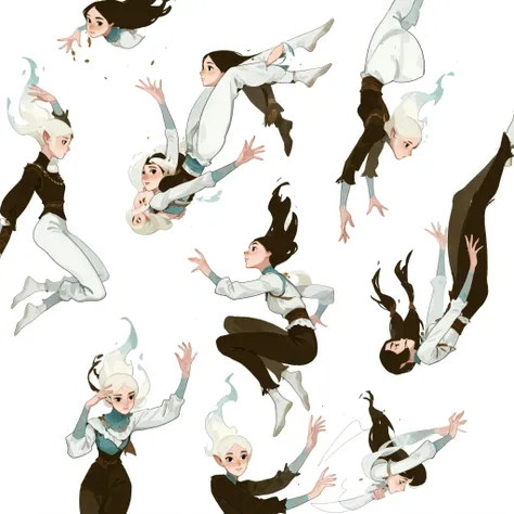 dkri style:1.5, girls, multiple characters, delicate face, full body portrait, dynamic poses, black eyes, medieval clothes, fantasy aesthetic, painterly illustration, gouache painting, soft illustration, 2d art, abstract background, masterpiece, best quali...