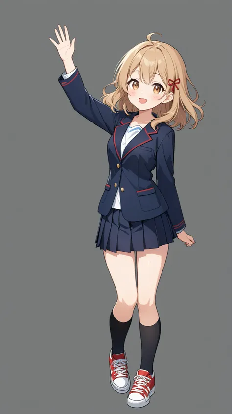 Full-body anime-style illustration of a cheerful age girl. Light brown, slightly wavy hair to the shoulders, a small beauty mark under the right eye. Modern Japanese high school uniform: navy blazer, red ribbon, white shirt, short pleated skirt, black knee...