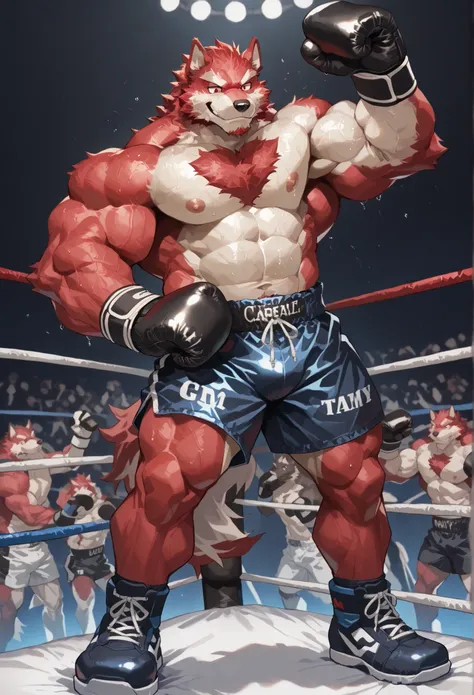 4K, masterpiece quality, pov_boxing, Looking down on the losers, black boxing shoes, dark navy boxing gloves, navy black boxing shorts with gold side lines, bulge, full body, depth of field, boxing, proudly pose, hands on hips and one arm raised pose, boxi...