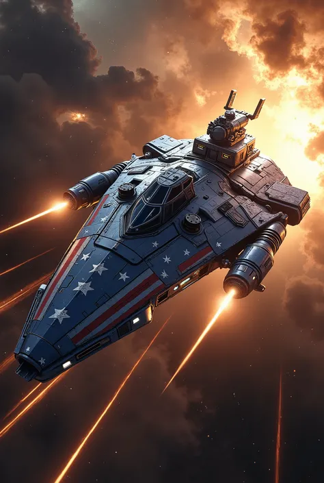 An enormous American starship soars through space, its body wrapped in metallic blue with red and white stripes running down the sides. A field of white stars glows on the command tower, evoking the U.S. flag. Behind the ship stretches a brilliant galactic...