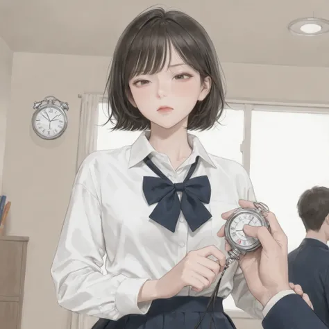 soft detail, detailed eyes, Korean style light makeup, angry expression while writing, Man's hand holding a stopwatch, Half-open eyes , Take off your clothes, Women's dressing room, school, shirt, skirt