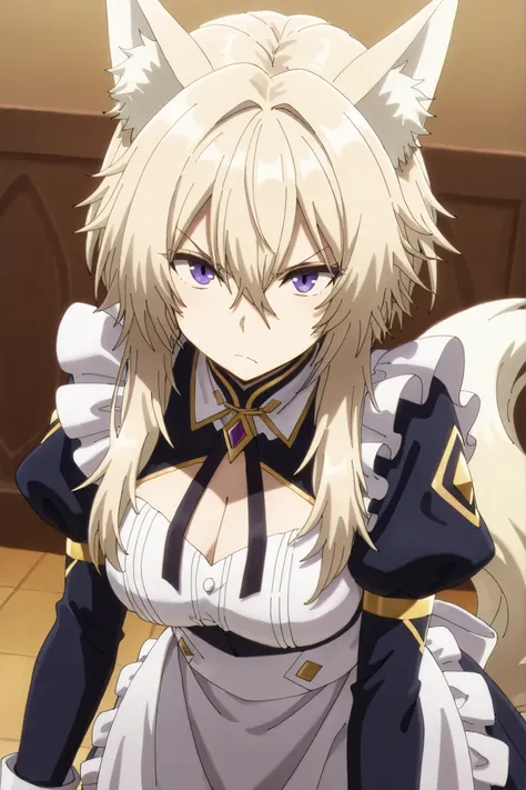 masterpiece,Highest Quality,high resolution,very detailed,Zeta\(kage no jitsuryokusha ni naritakute!\),animal ear、purple eyes、golden hair,tail,maid clothes,grumpy face