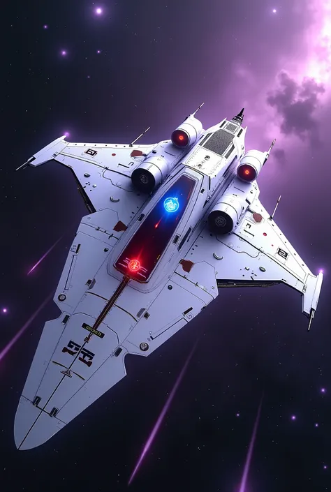 A futuristic Korean space battleship flies across the galaxy with a sleek white hull bearing a glowing red and blue Taegeuk symbol at its center. Black trigrams (Geon, Gon, Gam, Ri) are marked on its symmetrical wings. The ship is surrounded by a deep viol...