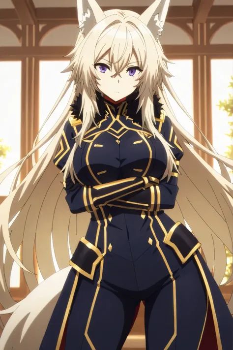 masterpiece,Highest Quality,high resolution,very detailed,Zeta\(kage no jitsuryokusha ni naritakute!\),animal ear、purple eyes、golden hair,tail,uniform