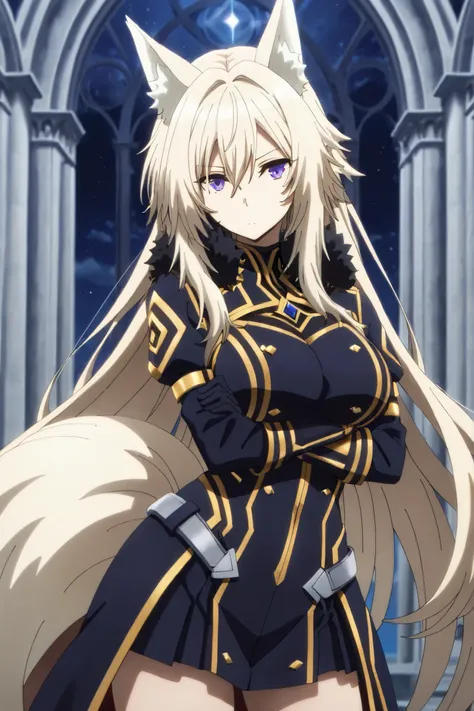 masterpiece,Highest Quality,high resolution,very detailed,Zeta\(kage no jitsuryokusha ni naritakute!\),animal ear、purple eyes、golden hair,tail,uniform