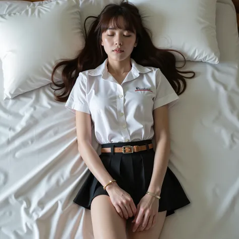 A pretty Japanese woman is laying unconscious on the bed, bound wrists behind your back, eyes close, very bright white skin, brown spread hair, natural bang, wearing Nisit university uniform, light brown belt, black tight short skirt, eye close, photoreali...