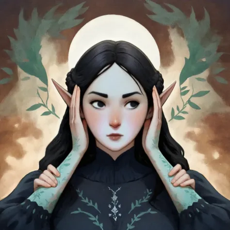 dkri style, 1girl, gorgeous elf, high cheekbones, mature girl, looking away:1.5, vibrant pale skin, perfect hands, black eyes, medieval black dress, fantasy aesthetic, painterly illustration, gouache painting, soft illustration, 2d art, abstract background...
