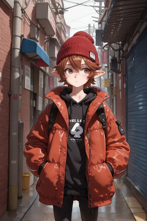 1boy, male, long pointy ears, brown hair, casual clothes, red beanie, young, modern world, modern clothes, oversized jacket, male, freckles (masterpiece:1.2), (best quality:1.2), (very aesthetic:1.2), (absurdres:1.2), (detailed background), newest, perfec...