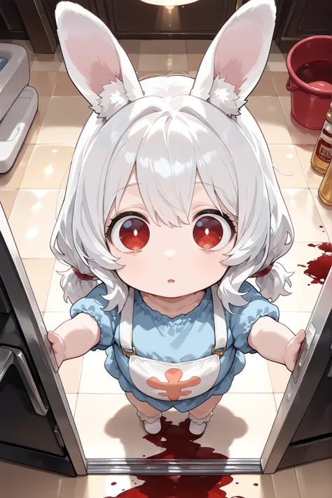 1girl, toddler, , short, wide eyes, white hair, rabbit ears, blood-red eyes, , baby fat(masterpiece:1.2), (best quality:1.2), (very aesthetic:1.2), (absurdres:1.2), (detailed background), newest, perfect anatomy, slightly high angle perspective, direct lig...